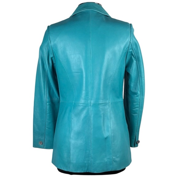 BERNARDO Y2K TEAL OVERSIZE LEATHER BUTTON DOWN BLAZER JACKET CAR COAT - Picture 6 of 16